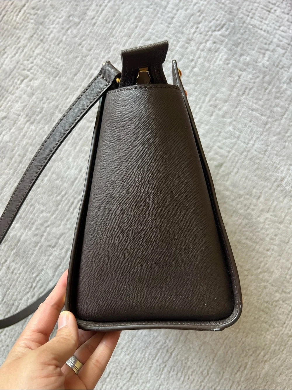 Michael Kors Dark Brown Saffiano Studded Tote with Gold Hardware